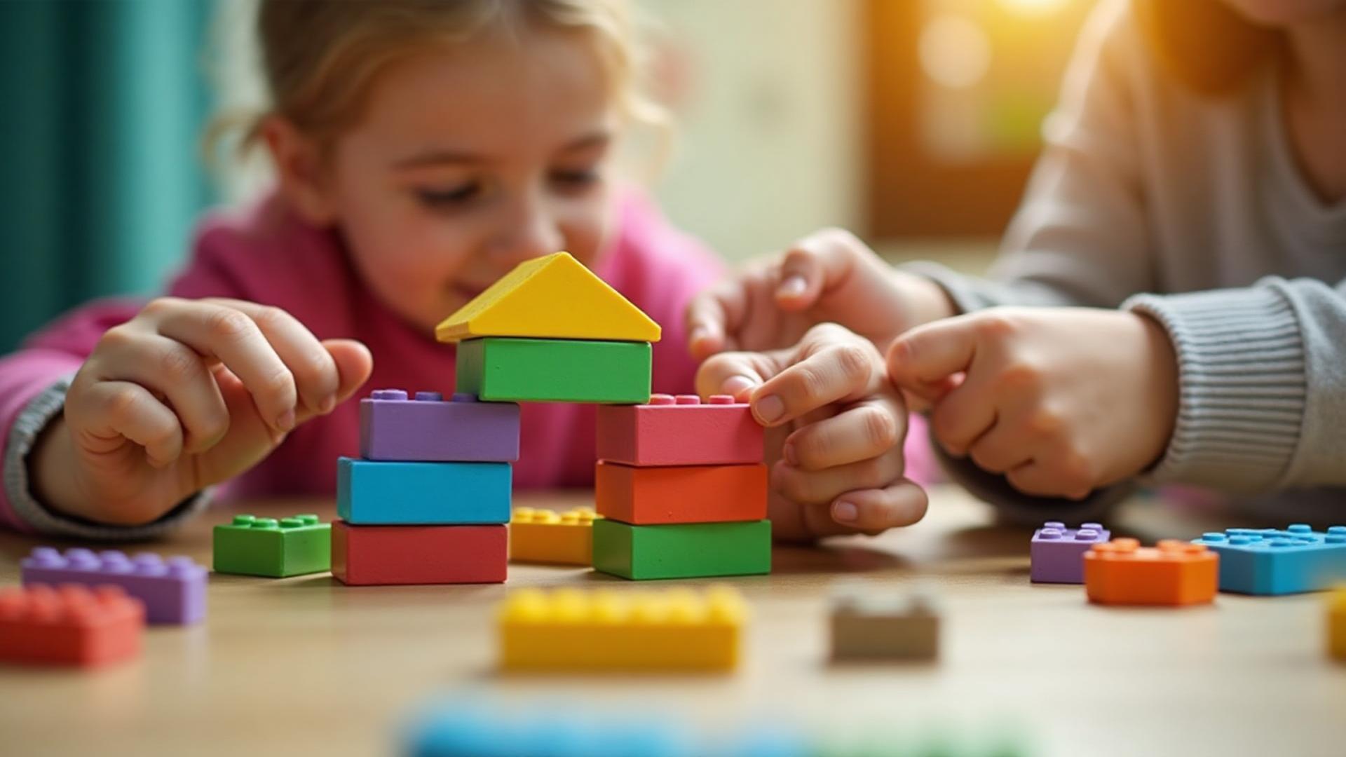 Parent helping child build with clay bricks