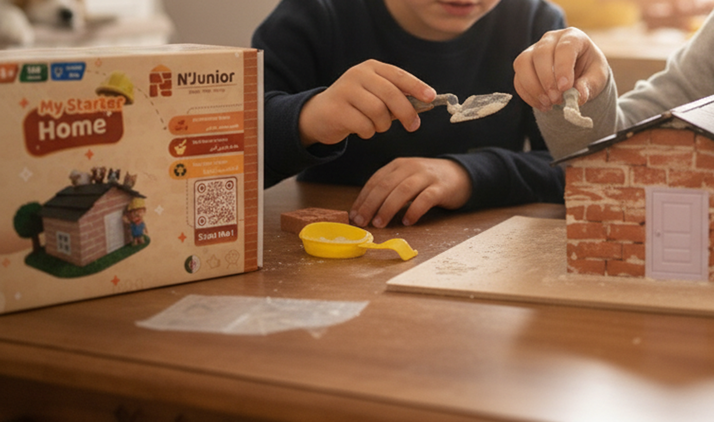 Parent helping child build with clay bricks